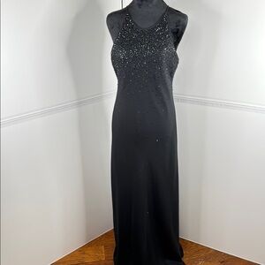 Chelsea Nites Vintage Black Beaded Halter Maxi Dress Formal Gown Size 12
